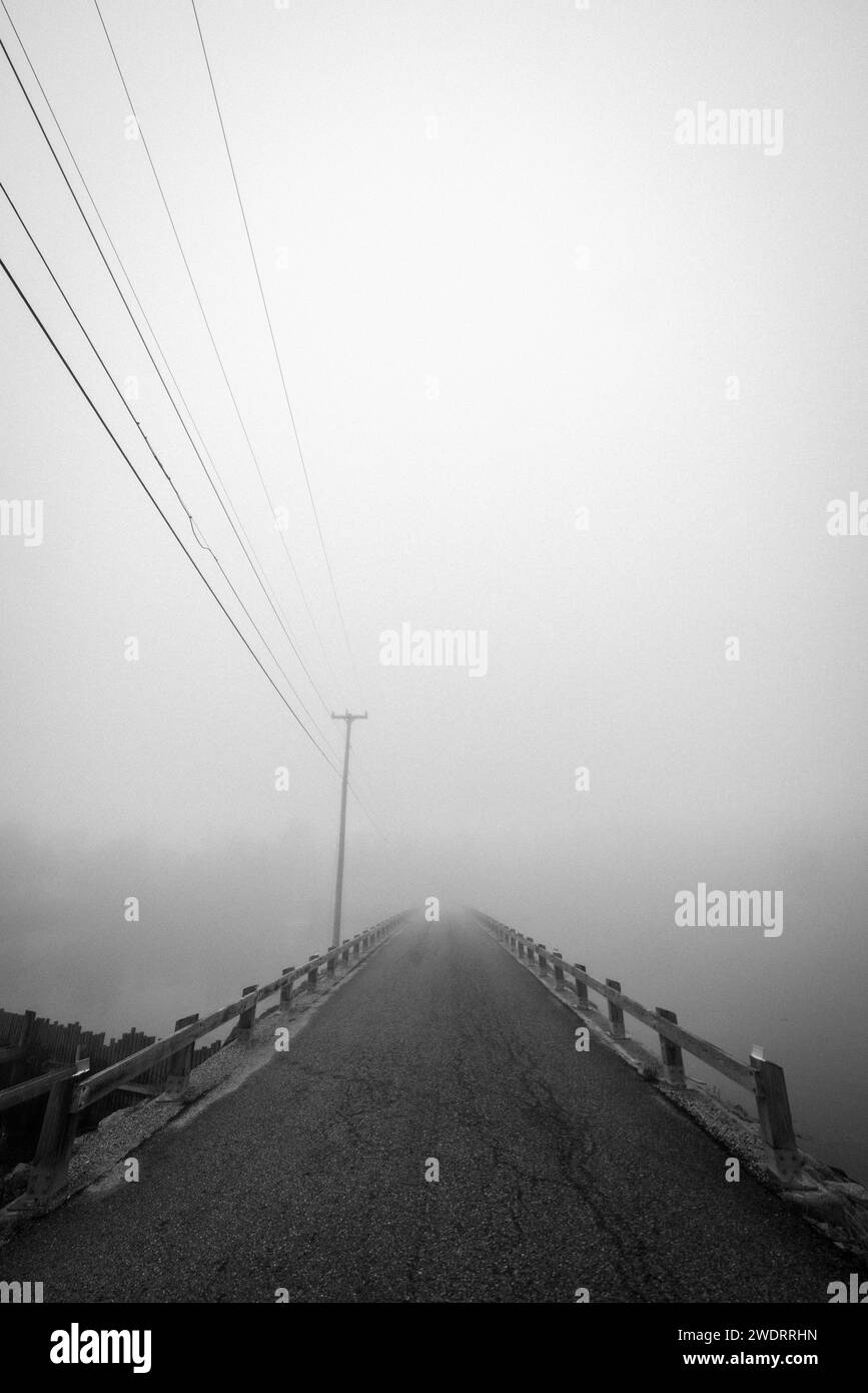 causeway con linee elettriche si ritrae nella nebbia pesante, Maine Foto Stock