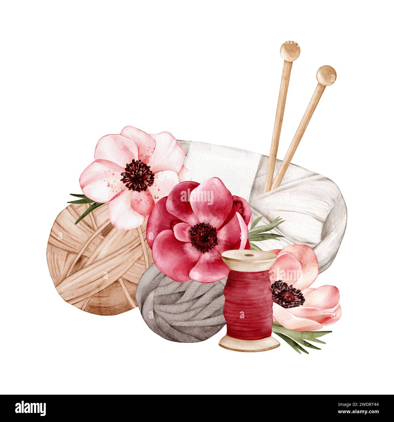 Palle di filo di lana, un cestino di filato, aghi per maglieria in legno, una bobina, un bouquet di anemoni. Illustrazione isolata acquerello per il blog di maglieria, ne Foto Stock