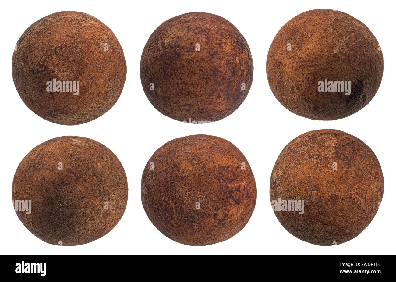 Caramelle rotonde rivestite con cacao in polvere con ripieno di marzapane isolate su sfondo bianco Foto Stock