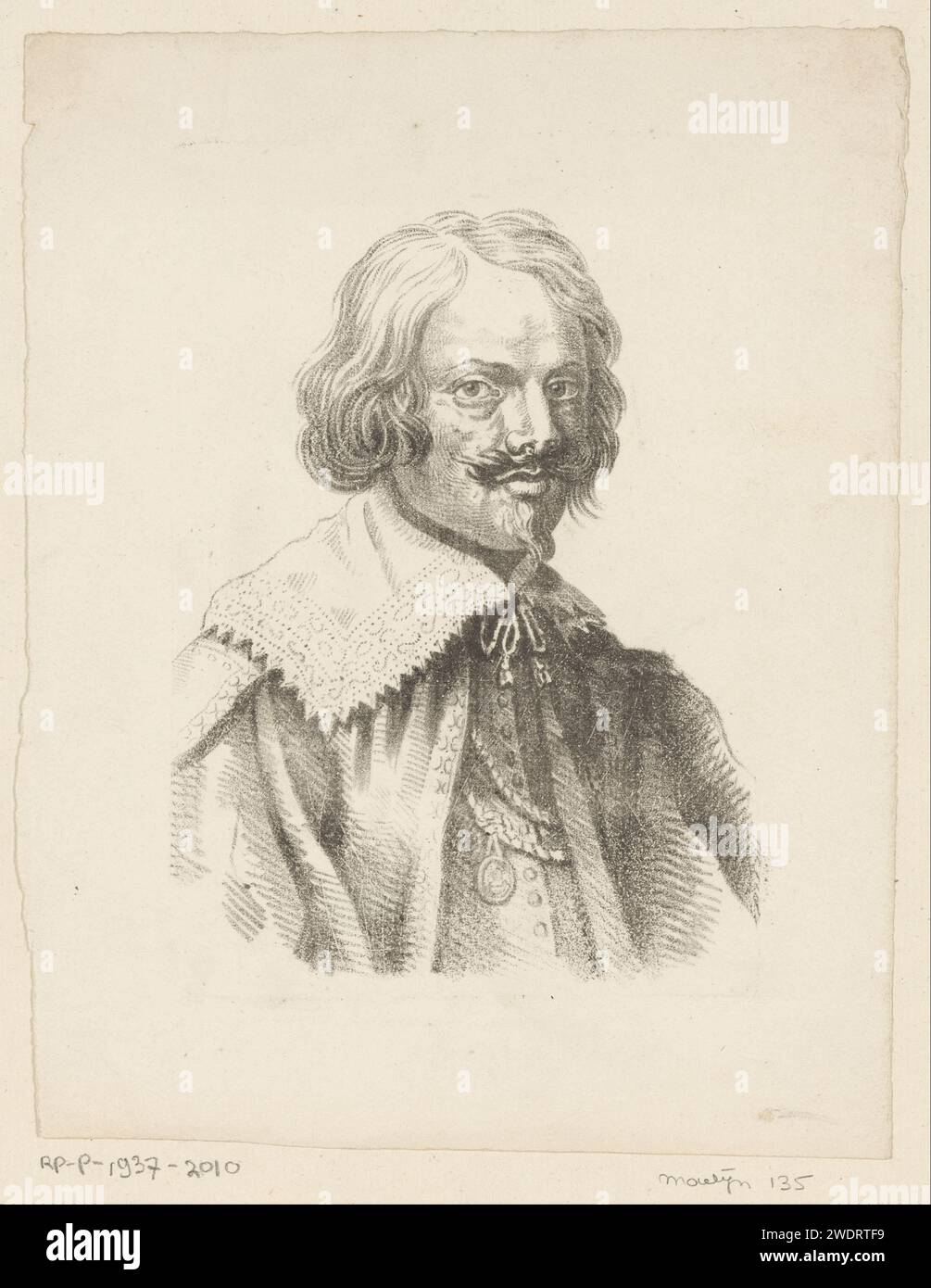 Ritratto di un uomo in costume seicentesco, Anonimo, c. 1820 stampa l'uomo indossa un colletto piatto di pizzo. Un cordone con una medaglia gli pende intorno al collo. Indossa baffi e pizzetto. Carta dei Paesi Bassi persone storiche (+ (ritratto completo) busto) Foto Stock