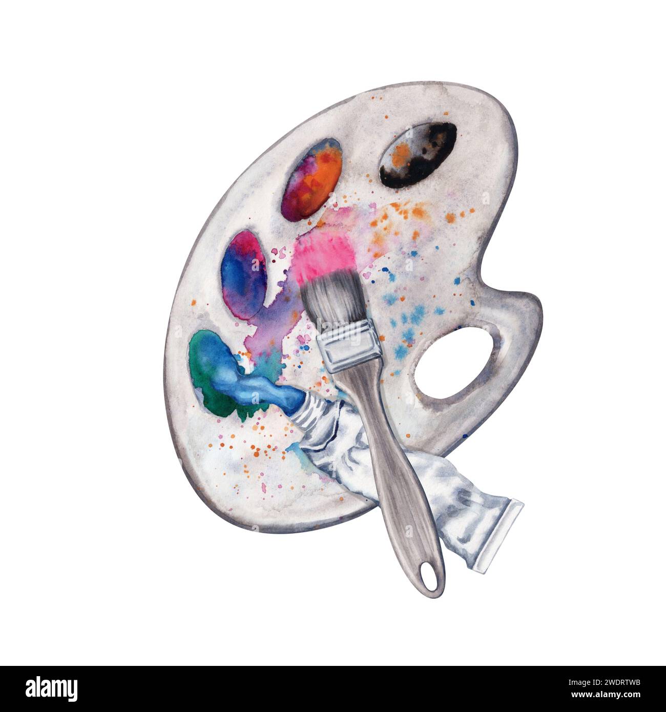 Composizione con tavolozza artista con un pennello e vernice blu spruzzata da un tubo. Illustrazione acquerello isolata su sfondo bianco. Foto Stock