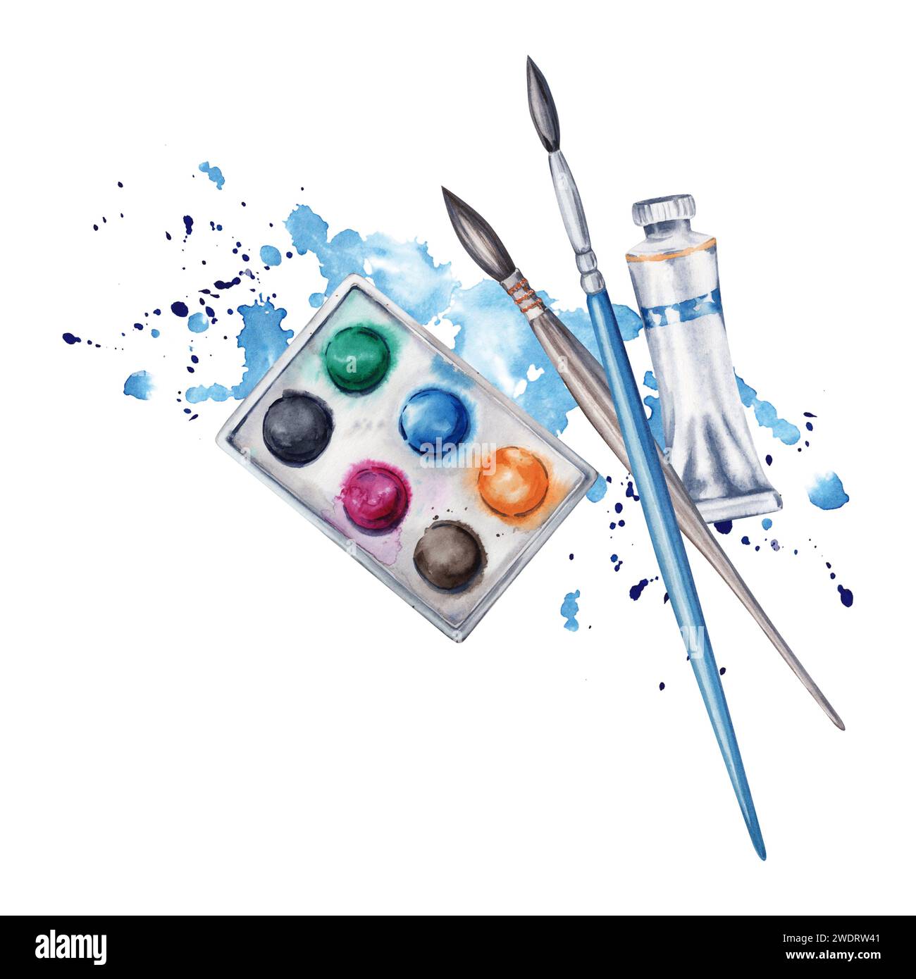 Composizione piatta con set di vernici, pennelli, tubo di vernice e schizzi di acquerello blu. Illustrazione acquerello isolata su sfondo bianco. Foto Stock