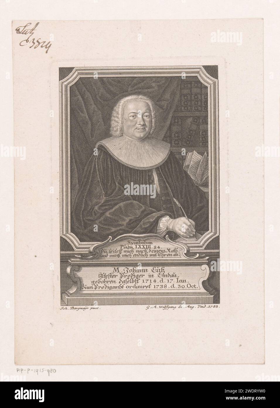 PortraT van Johann Lutz, Gustav Andreas Wolfgang (1692-1775), dopo Johann Bergmayer, 1753 stampa Augsburg carta incisione / incisione di persone storiche Foto Stock