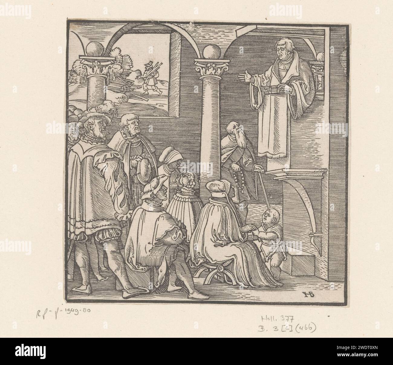 Martin Lutero predicatore in una chiesa, Hans Brosamer , 1550 stampa illustrazione al terzo comandamento nel Katechismo di Lutero: 'Ricordate il giorno dello Shabbat'. Sullo sfondo, un uomo svaluta lo Shabbat raccogliendo legname (numeri 15: 32-36). monaci di carta, frati. predicazione (in generale). persone storiche Foto Stock