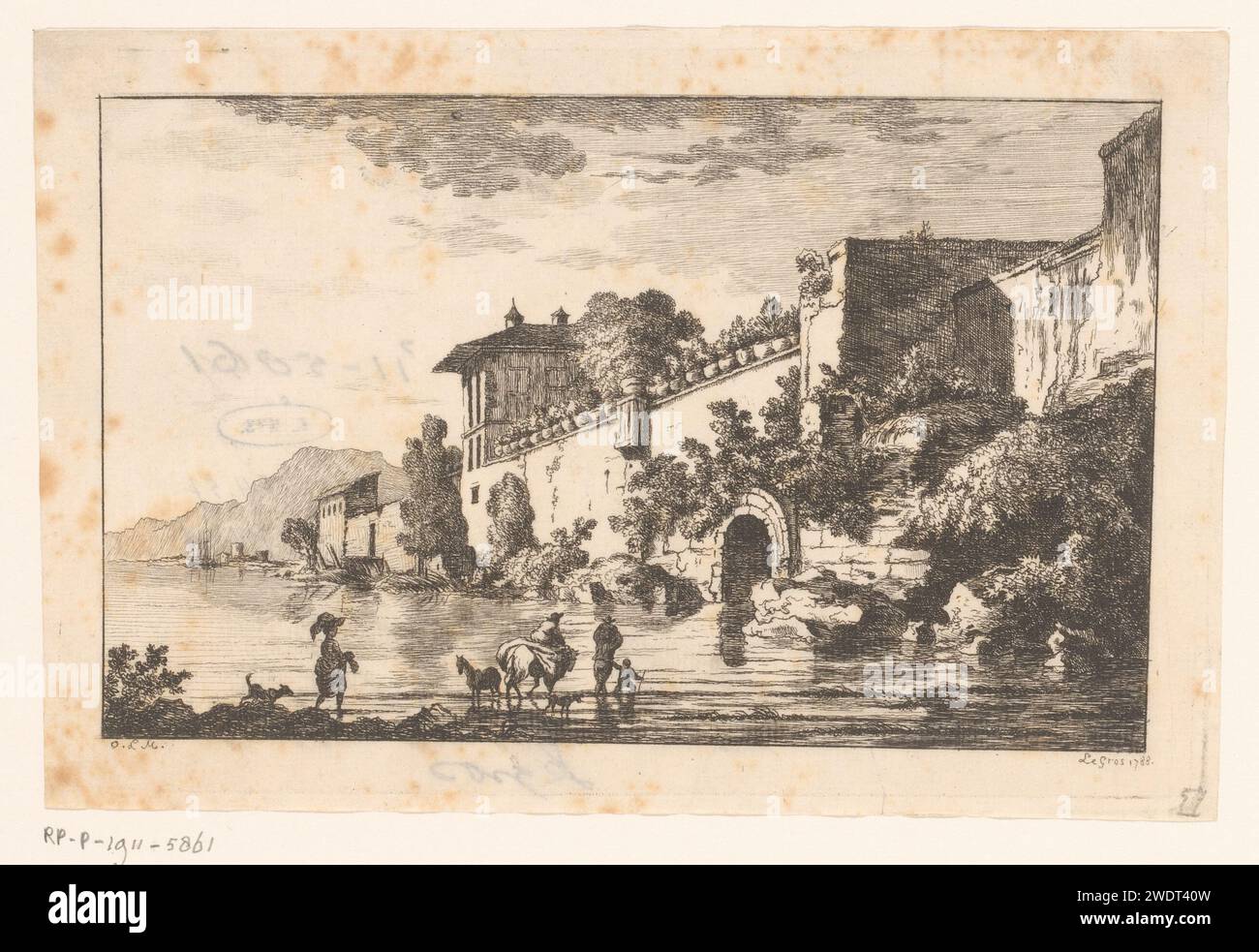 Paesaggio costiero con mura cittadine e figure nell'acqua, Sauveur Legros, dopo il monogrammista OLM, 1788 carta stampata incidere le mura cittadine. ford Foto Stock
