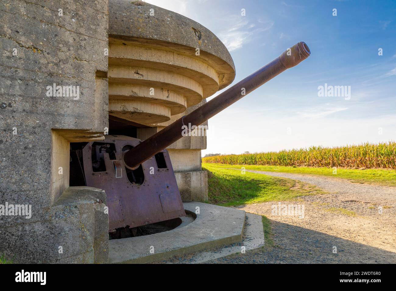 La batteria di artiglieria tedesca a Longues-sur-Mer, Longues-sur-Mer, Normandia, Francia, Europa Foto Stock