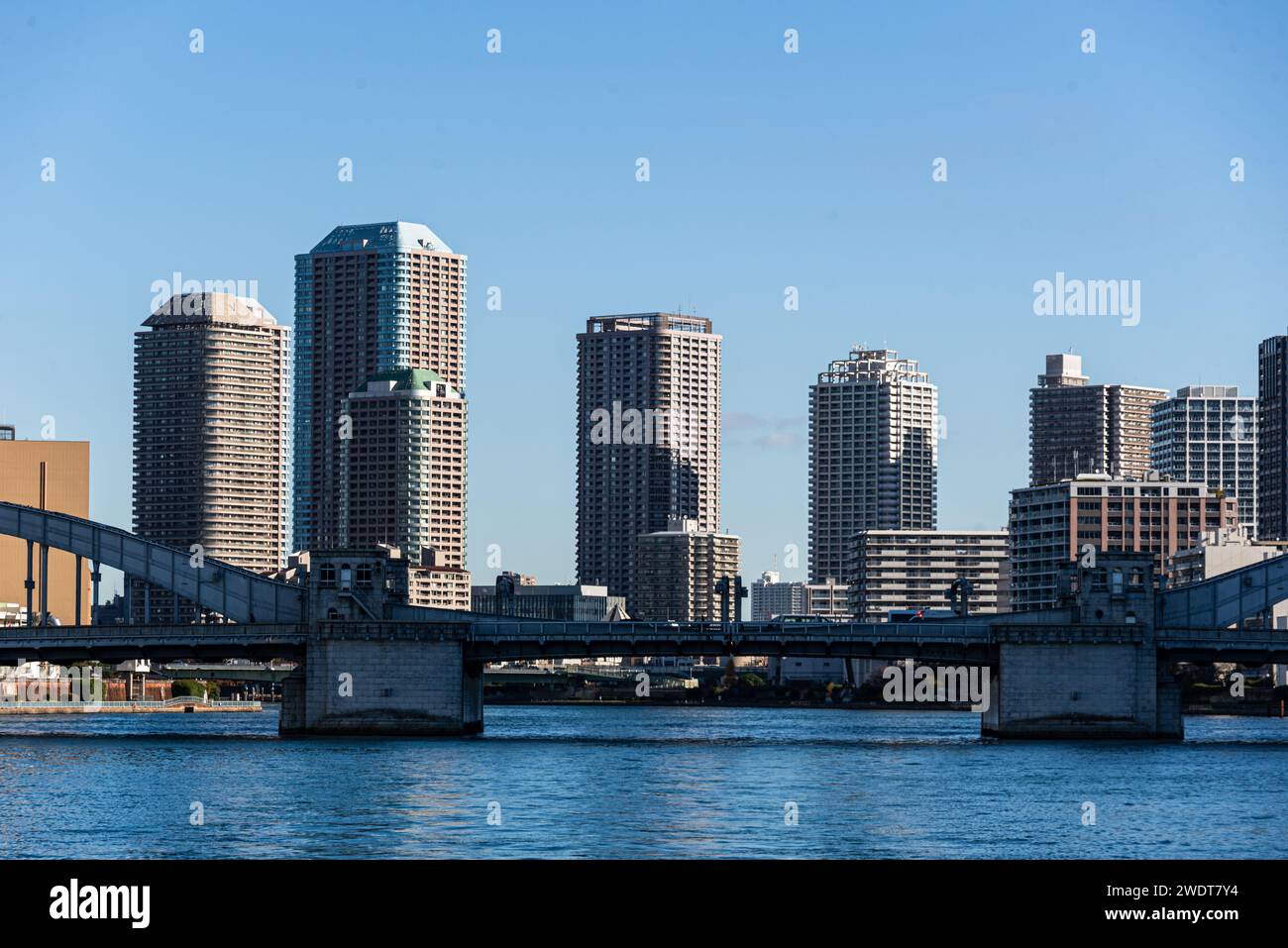 Grattacieli di alto livello sul fiume Sumida, quartiere di Chuo City, Toyko, Honshu, Giappone, Asia Foto Stock