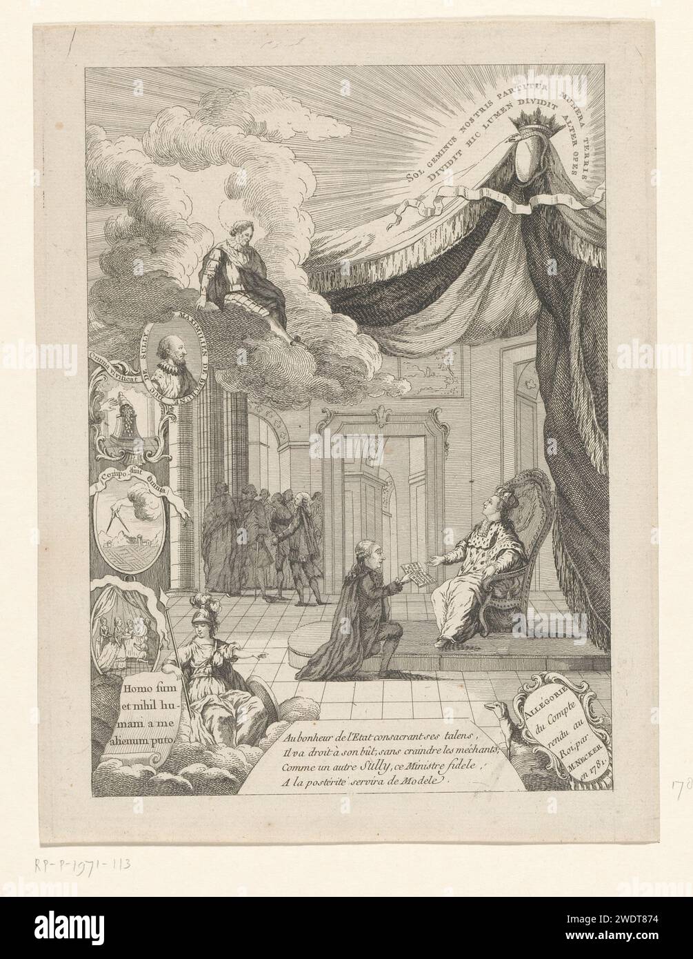 Allegoria con Jacques Necker Kniing per Luigi XVI, 1781, Anonymous, 1781 stampa Allegory in cui Jacques Necker presenta il suo "Compte Rendu du ROI" nel 1781 al re Luigi XVI Libro di incisione su carta francese. audizione; righello che dà il pubblico Foto Stock