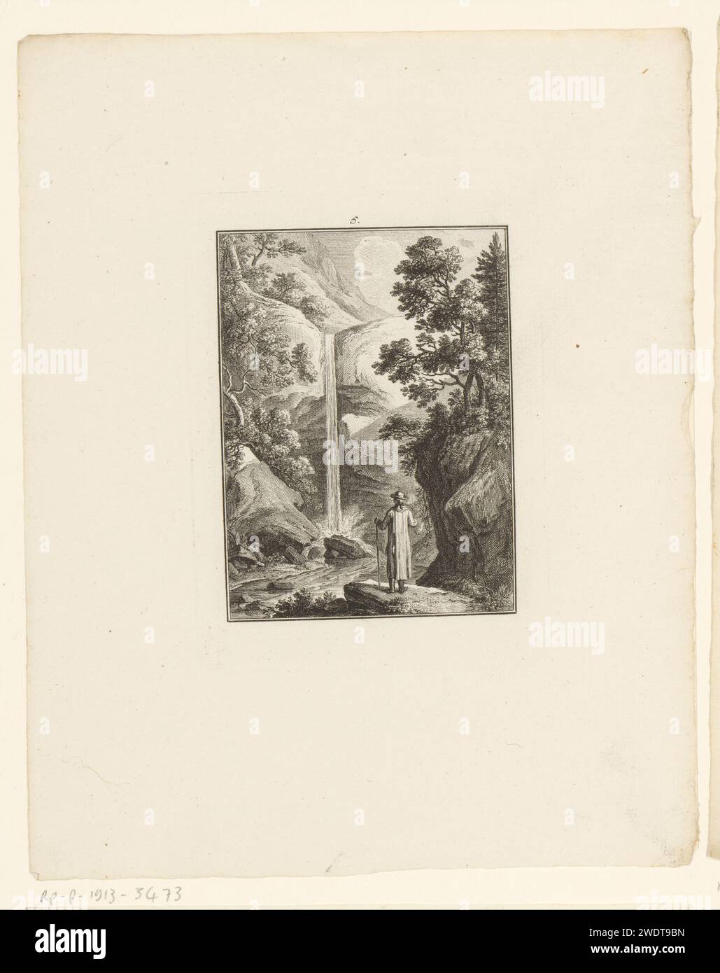 Paesaggio con cascata e camminatore, Johann Rudolph Schellenberg, 1781 stampe di carta che incidono paesaggi con acque, paesaggi acquatici, paesaggi marini (nella zona temperata). cascata. "in viaggio", viaggiatore in corso Foto Stock