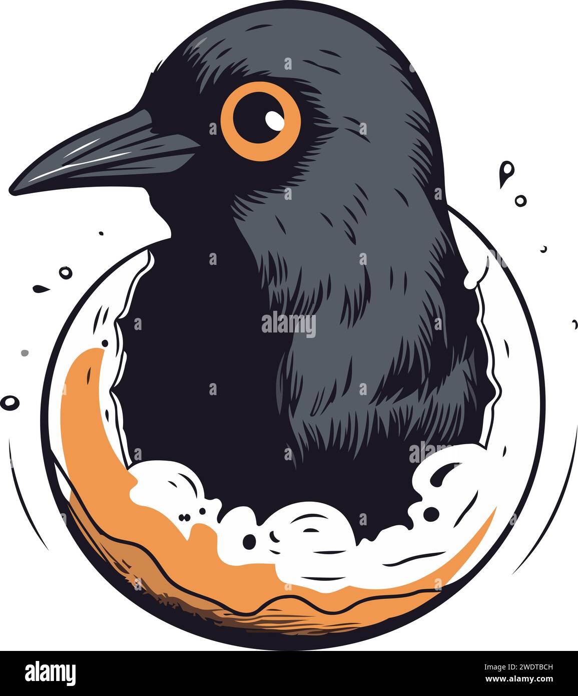 Illustrazione vettoriale disegnata a mano di un uccello nero seduto su una ciambella Illustrazione Vettoriale
