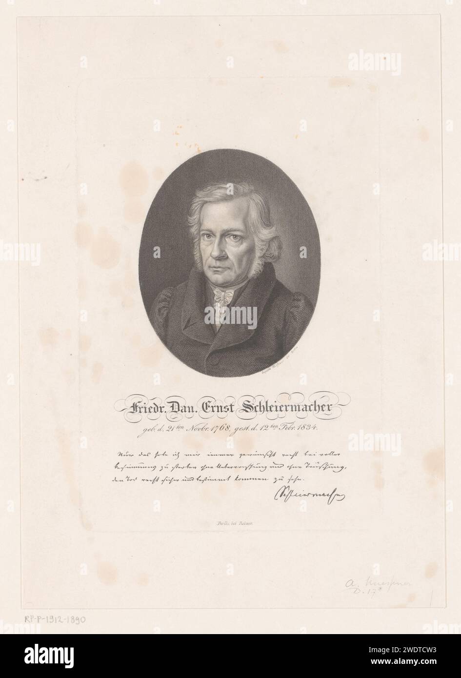 Ritratto van Friedrich Schleiermacher, Auguste Hüssener, 1799 - 1877 stampa didascalia in tedesco. Persone storiche del giornale di Berlino. teologo Foto Stock