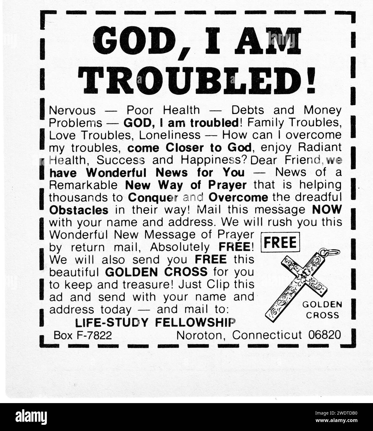 Dio, sono turbato. Un annuncio in una rivista sportiva della fine degli anni '1970 per un messaggio di preghiera gratuito. E' per i lettori in difficoltà insieme a una croce d'oro gratuita. Sponsorizzato dalla Life - Study Fellowship in Connecticut. Foto Stock