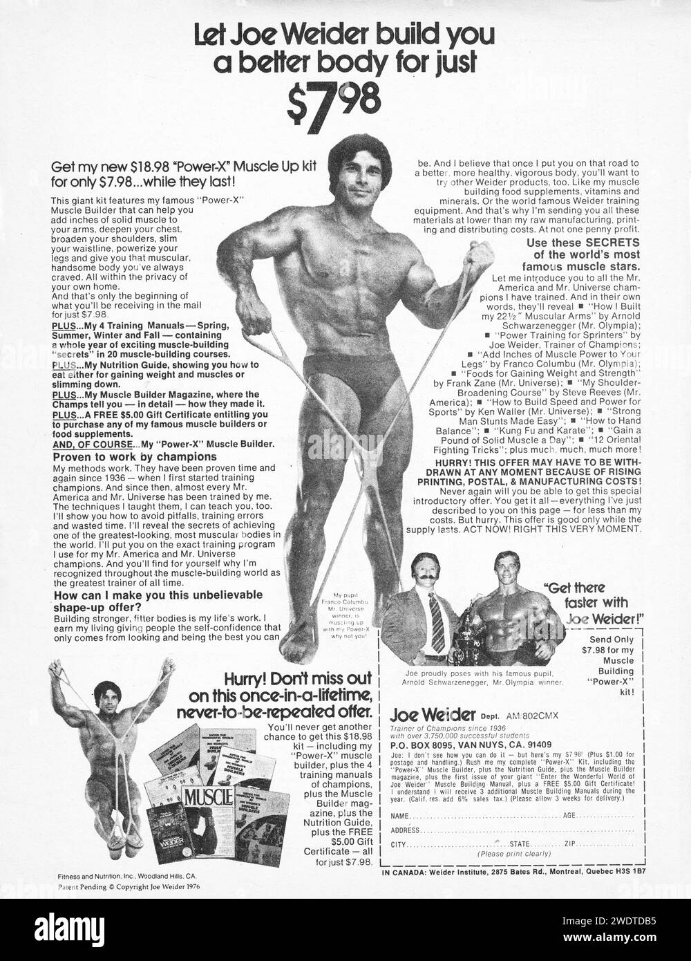 Annuncio a pagina intera di una rivista sportiva della fine degli anni '1970 per attrezzature e libri di bodybuilding di Joe Weider. Il film vede la partecipazione di Mr. Universe Franco Colombo e Mr. Olympia Arnold Scwarzenegger Foto Stock