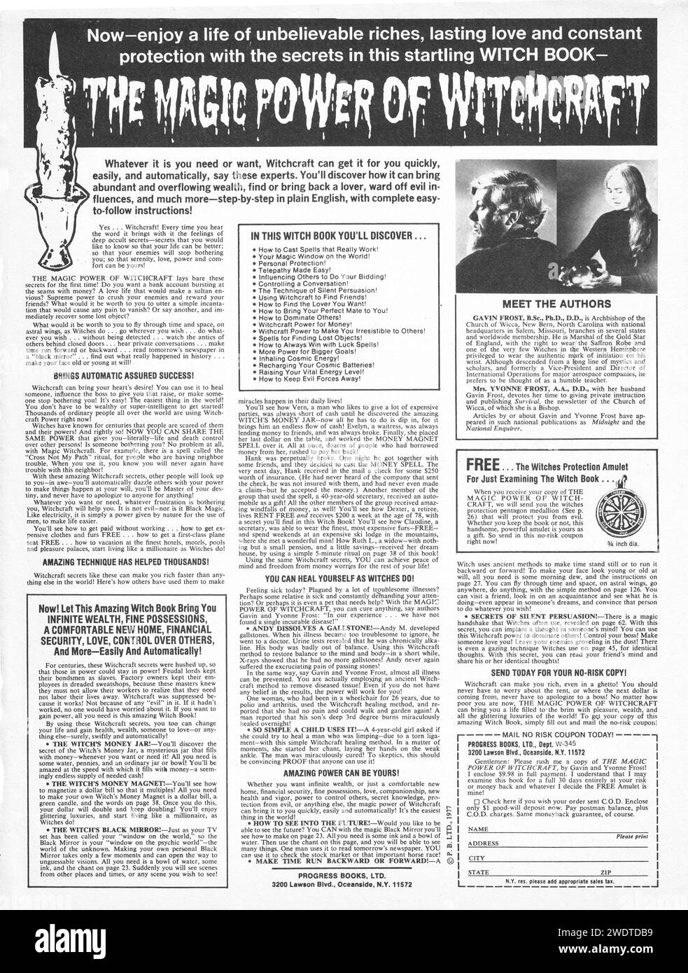 Un annuncio a pagina intera su una rivista sportiva della fine degli anni '1970 che dice che tutto quello che serve per essere una strega è spendere dieci dollari e leggere il libro pubblicizzato,. Foto Stock