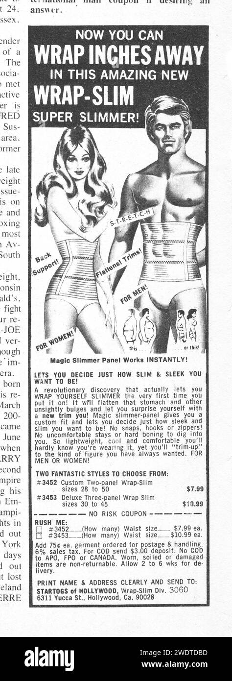 Un annuncio di una rivista sportiva della fine degli anni '1970 per l'incredibile super sottile Wrap-Slim. Foto Stock