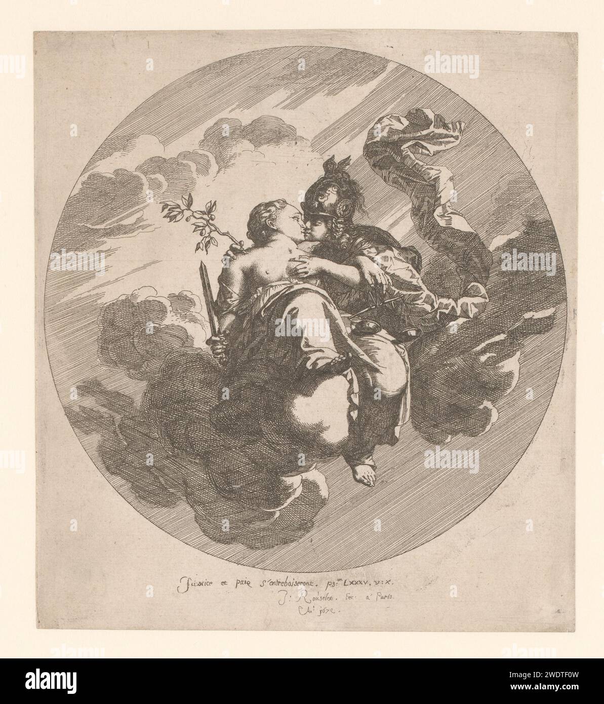 Pax e Justitia in abbraccio, seduti sulle nuvole, Gilles Rousselet, stampa del 1679 Paris paper etching Justice, "Justitia"; "Giustitia divina" (Ripa)  una delle quattro virtù cardinali. Simboli, allegorie della pace, "Pax"; "Pace" (Ripa) Foto Stock