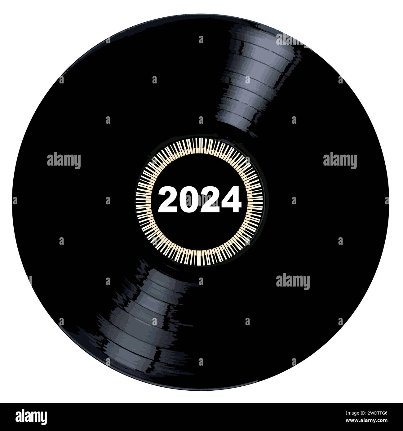 Un tipico disco in vinile LP con la legenda 2024 e un cerchio di tasti pianoforte su sfondo bianco. Foto Stock