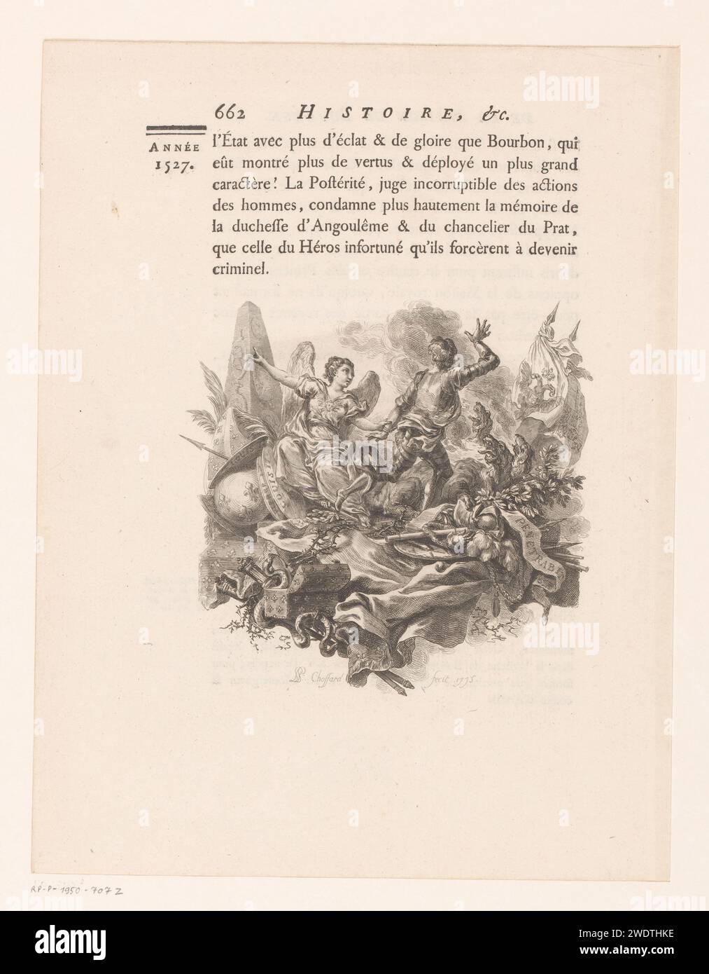 Spettacolo allegorico con angelo e cavaliere, Pierre Philippe Choffard, tipografo del 1776: Franceprinter: Incisione di carta di Parigi / stampa di lettere angeli femminili. cavaliere Foto Stock