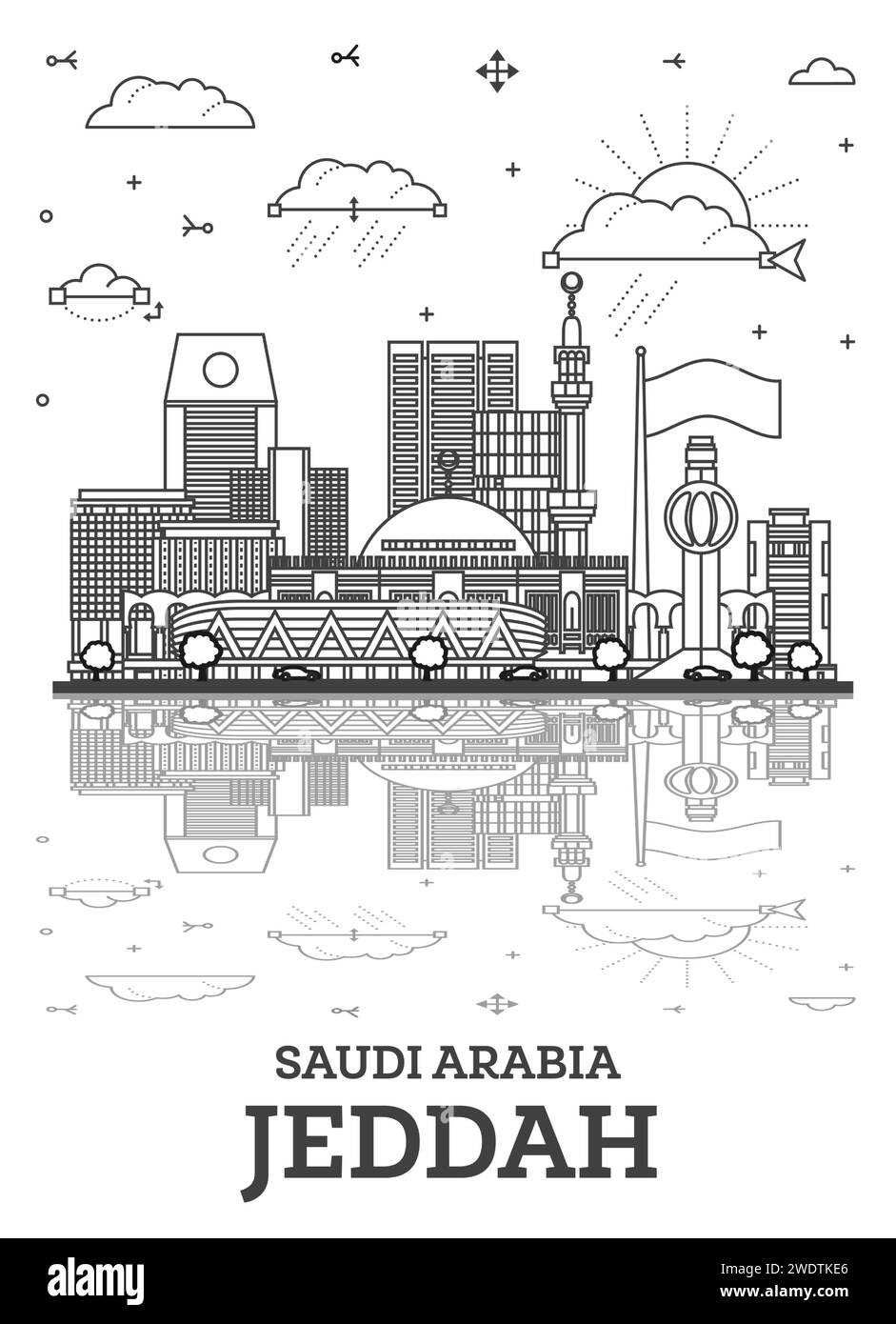 Delinea lo skyline della città di Jeddah in Arabia Saudita con edifici moderni e storici con riflessi isolati su bianco. Illustrazione vettoriale. Jeddah Cityscape. Illustrazione Vettoriale
