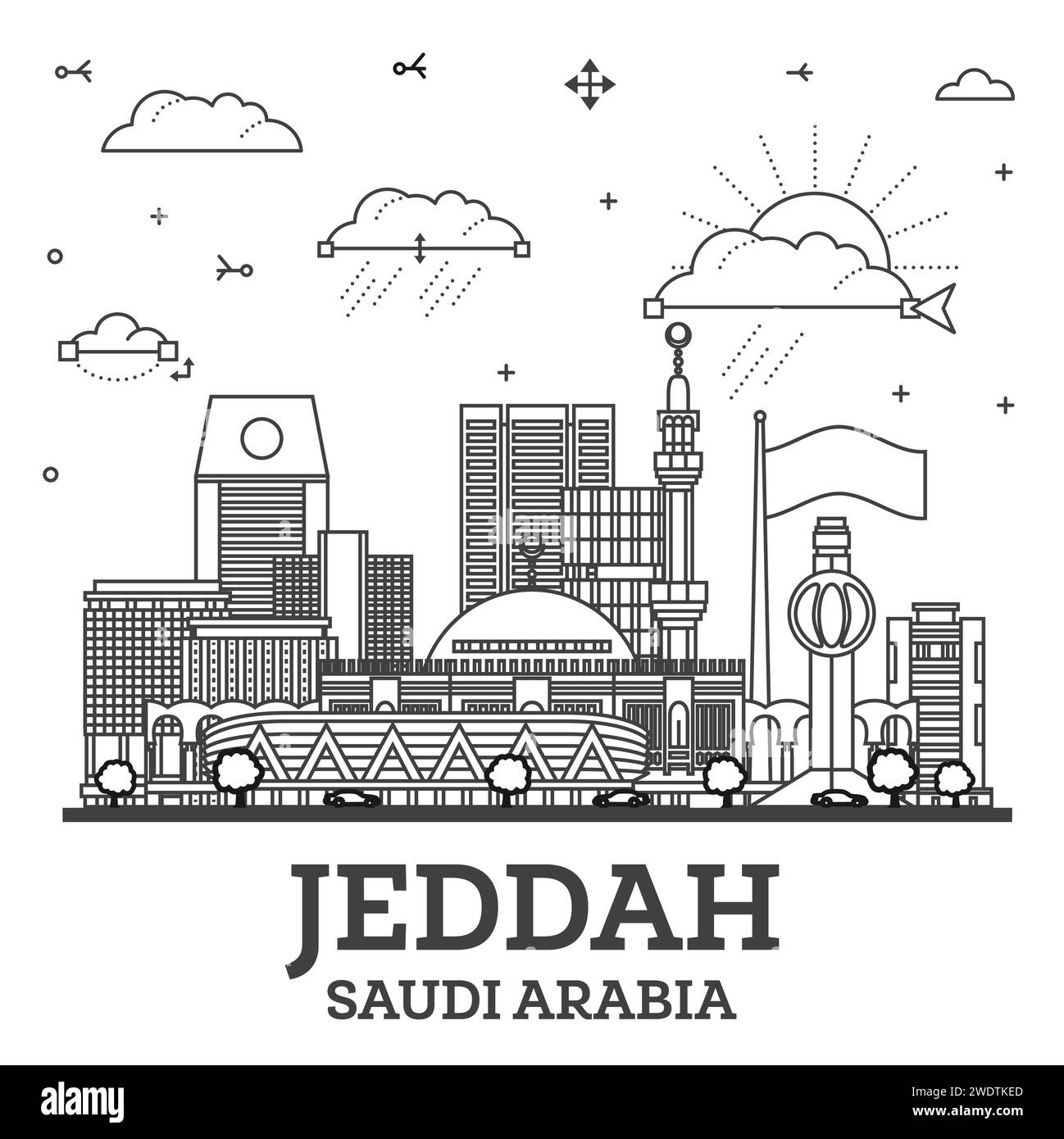 Profilo Jeddah Saudi Arabia City Skyline con edifici moderni e storici isolati su White. Illustrazione vettoriale. Paesaggio urbano di Jeddah con punti di riferimento. Illustrazione Vettoriale