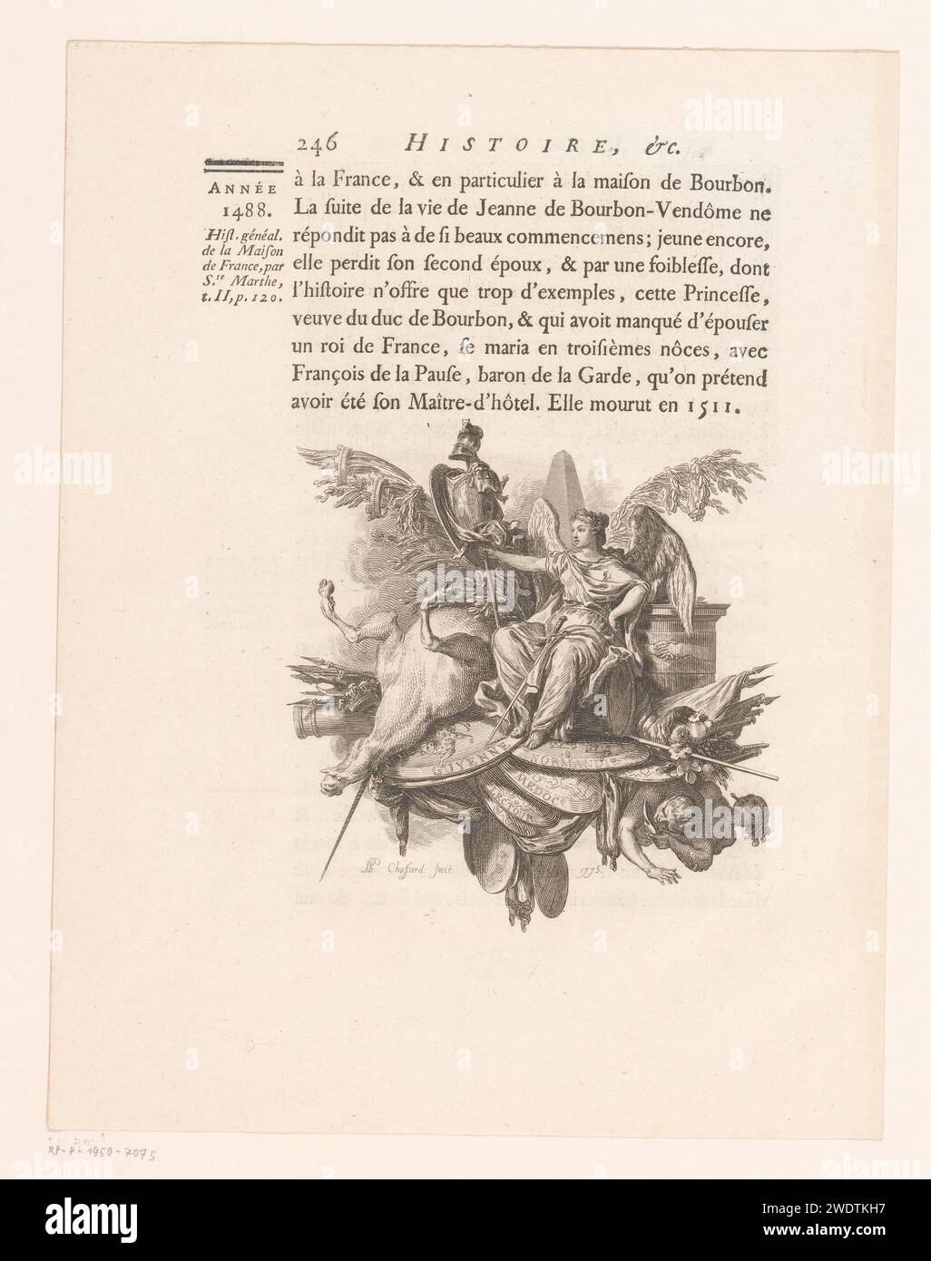 Rappresentazione allegorica con angelo e cavallo caduto, Pierre Philippe Choffard, tipografia del 1776: Franceprinter: Incisione di carta di Parigi / stampa di lettere angeli femminili. cavallo Foto Stock