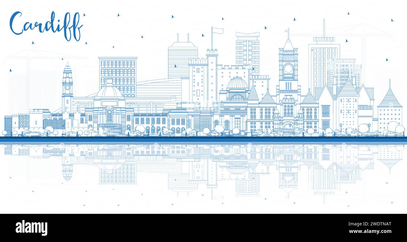 Delinea lo skyline di Cardiff, Galles, con edifici e riflessi blu. Illustrazione vettoriale. Cardiff, Regno Unito, con i suoi monumenti storici. Viaggi d'affari e. Illustrazione Vettoriale