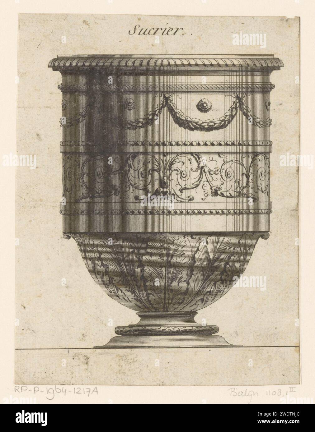 Sugar Pot, il Saint-Morien , dopo Richard de Lalonde, 1789 stampa una ciotola da zucchero decorata con motivi a foglia e ghirlande. Lavabo per incisione/incisione Paris Foto Stock