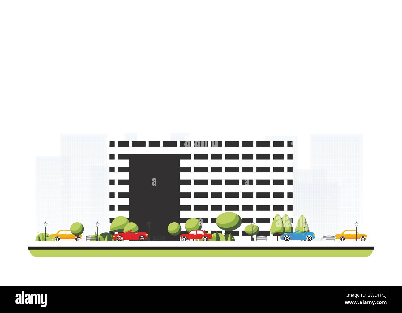 Quartiere cittadino con edificio moderno in stile piatto con alberi e auto. Illustrazione vettoriale. Scena cittadina isolata su sfondo bianco. Architettura urbana Illustrazione Vettoriale