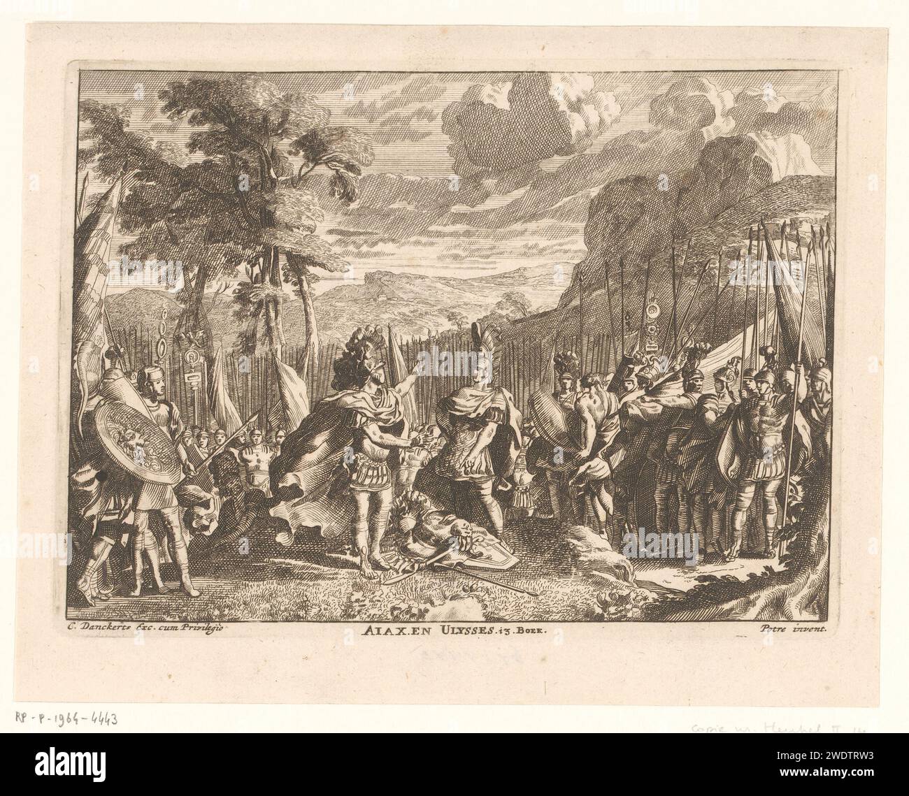 AJAX e Odisseo sostengono le armi di Achille, Anonimo, Jean Lepautre, 1628 - 1717 carta stampata incisione lotta tra Ulisse e Ajax il grande per le braccia di Achille Foto Stock