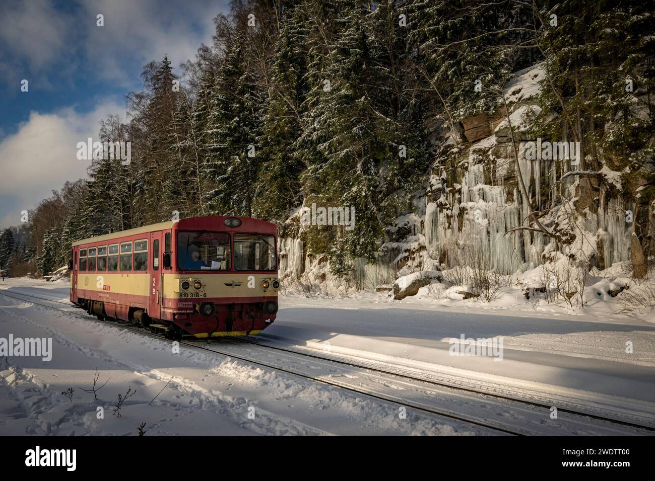 Pullman cecoslovacco CD Class 810, la prima corsa di treni storici di quest'anno sulla ferrovia a cremagliera a Korenov, Repubblica Ceca, 20 gennaio 2024. La ferrovia a cremagliera Tanvald - Korenov - Harrachov è stata messa in funzione il 1 giugno 1902. La pista attraversa terreni difficili e richiede soluzioni tecniche straordinarie. (Foto CTK/Radek Petrasek) Foto Stock