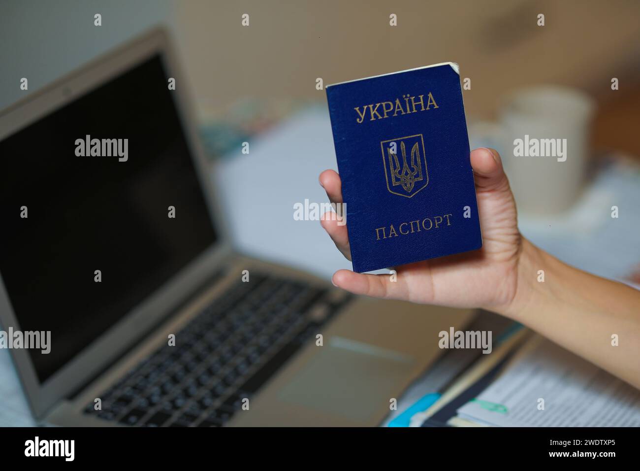 Passaporto ucraino in mano vicino al computer. Foto di alta qualità Foto Stock