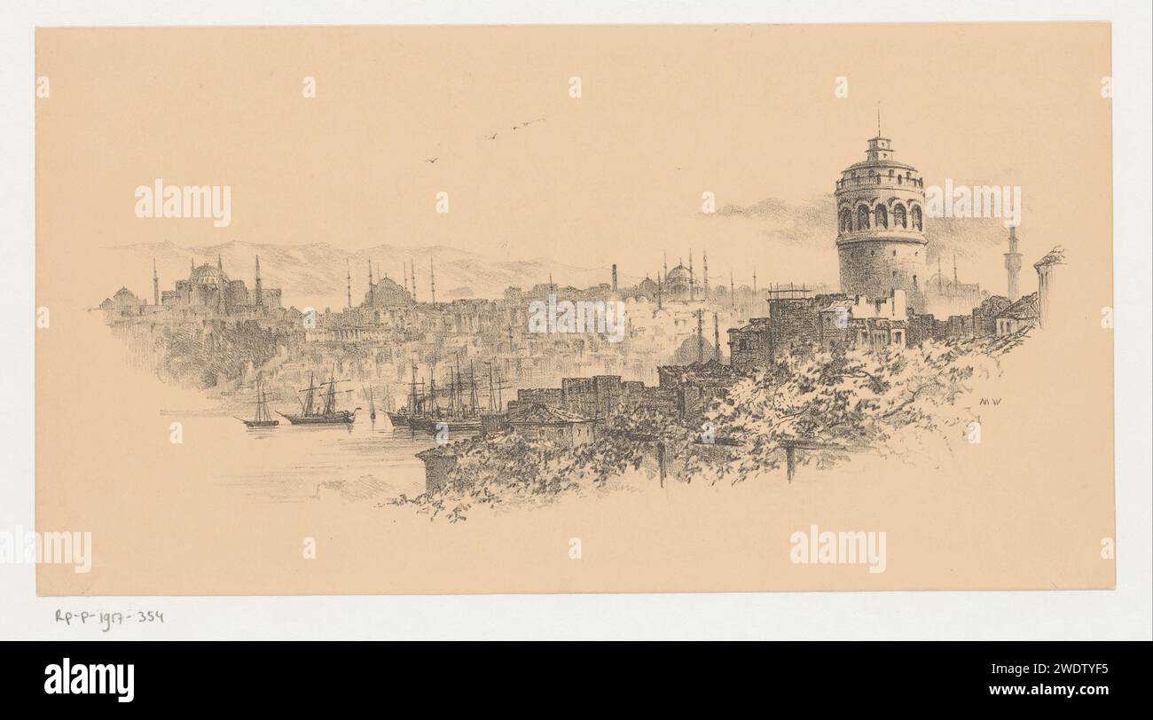 Vista di Istanbul, Anonimo, 1800 - 1900 stampa Vista della città di Istanbul (Costantinopoli). Prospetto cartaceo della città, panorama cittadino, sagoma della città di Istanbul Foto Stock