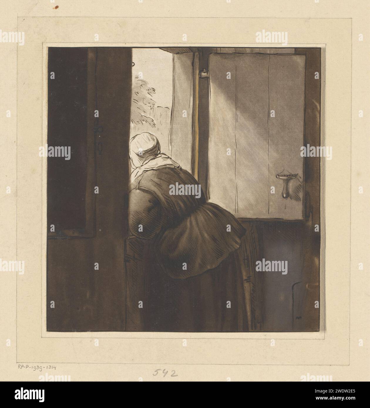 Donna appoggiata su una porta inferiore, Cornelis Ploos van Amstel, dopo Rembrandt van Rijn, 1764 stampa la stampa è libera in un album, vedi pagina 5. Sportello diviso per l'incisione della carta Amsterdam, parte superiore aperta. donna adulta Foto Stock