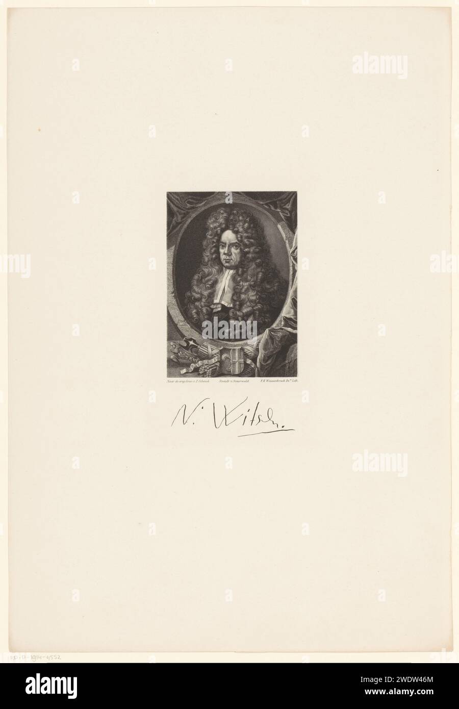 Ritratto di Nicolaes Cornelisz. Witsen, Frederik Hendrik Weissenbruch, dopo Pieter Schenk (i), 1858 - 1862 stampa sotto il ritratto la firma della persona ritratta. Il giornale dell'Aia. persone storiche Foto Stock