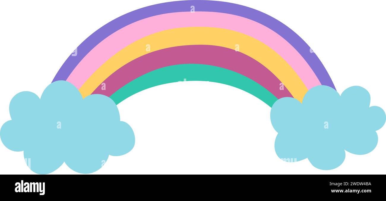 Arcobaleno vettoriale con nuvole. Concetto di tesori unicorno. Decorazione magica o fiabesca per carte isolate su sfondo bianco. Un elemento intempestivo Illustrazione Vettoriale