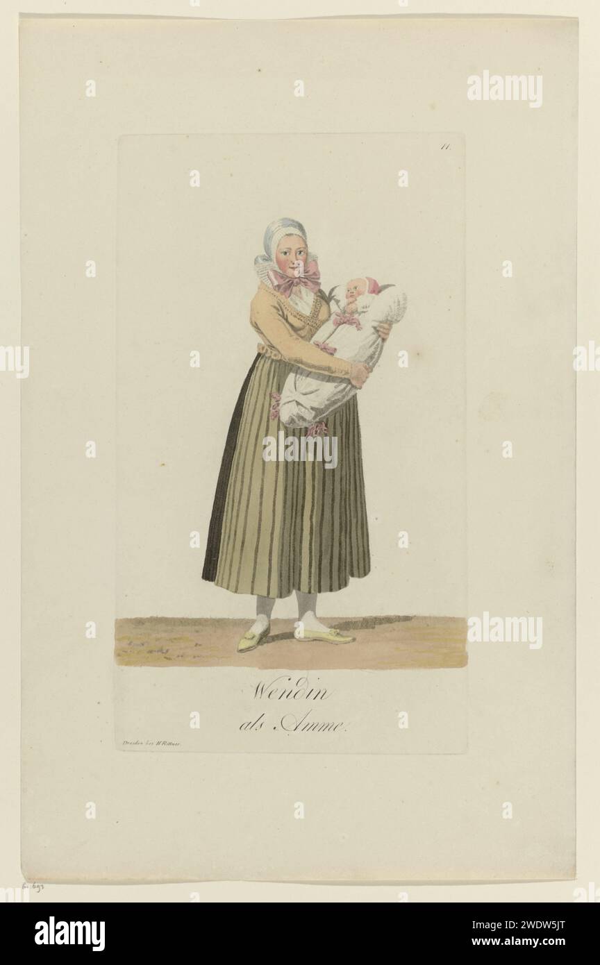 Donna Wendic come assistenti di maternità, Samuel Gränicher, 1803 - 1808 stampa Dresden paper etching folk costume, costume regionale. Infermiera secca Saxony Foto Stock