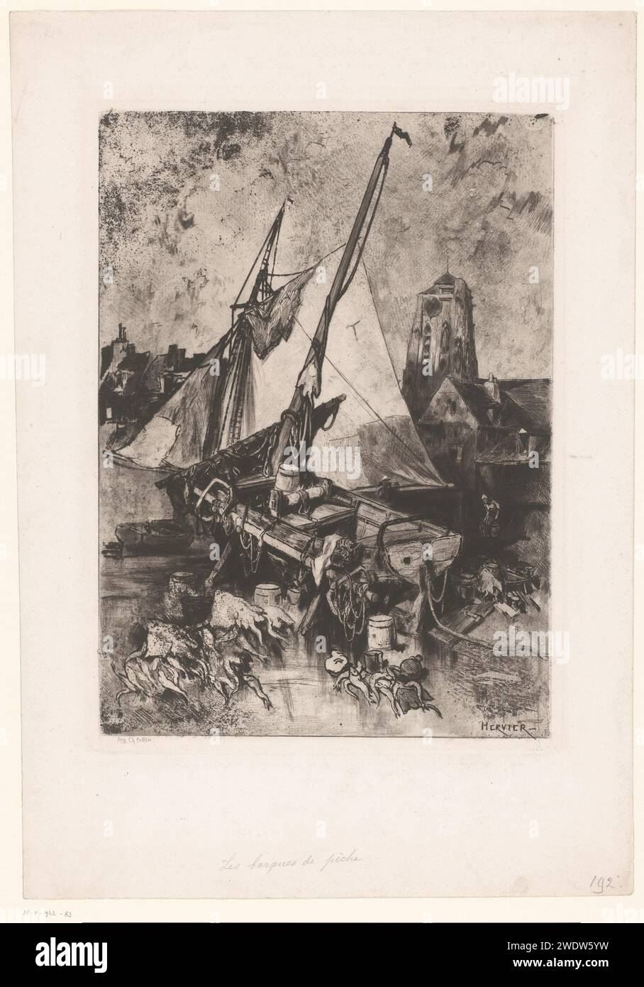 Chiatte dei pescatori nel porto di un villaggio, Louis -Adolphe Hervier, 1862 - 1864 stampa Parigi cartaceo acquaforte. barca a vela, barca a vela. pesci Foto Stock