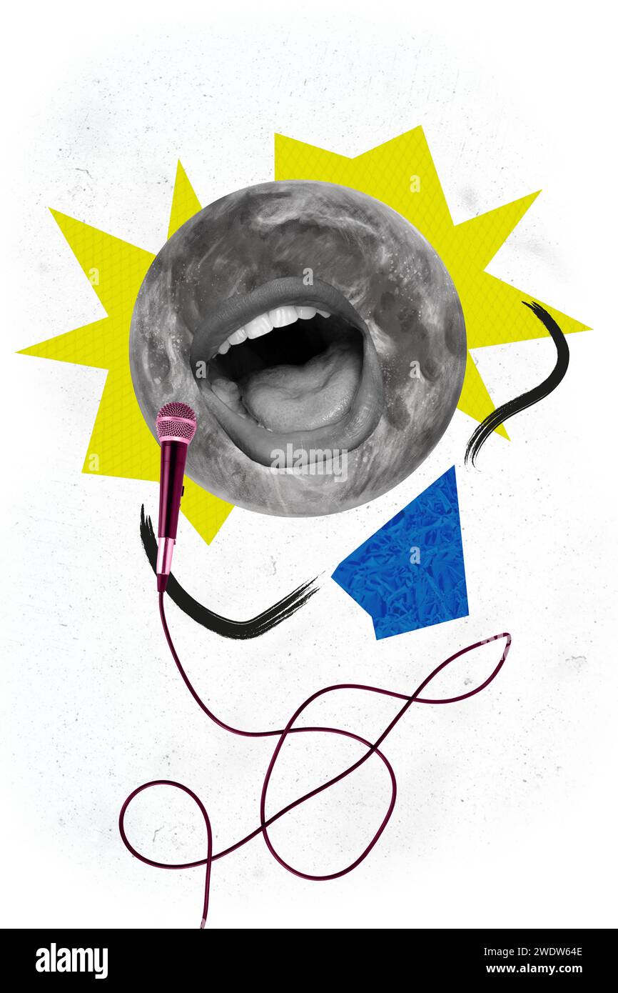Collage immagine di schizzo POP 3d della persona con la testa di luna che canta karaoke sfondo bianco isolato Foto Stock