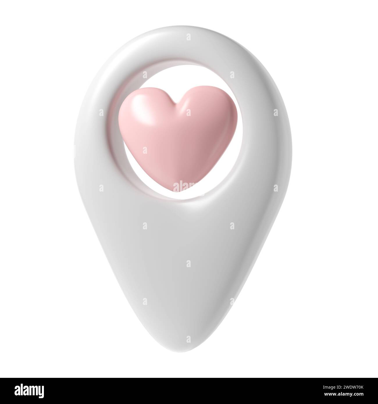 Icona puntina 3d puntatore mappa san valentino. Punto di localizzazione geotag bianco con cuore rosa, simbolo preferito amore. illustrazione per web, app, infografiche Foto Stock