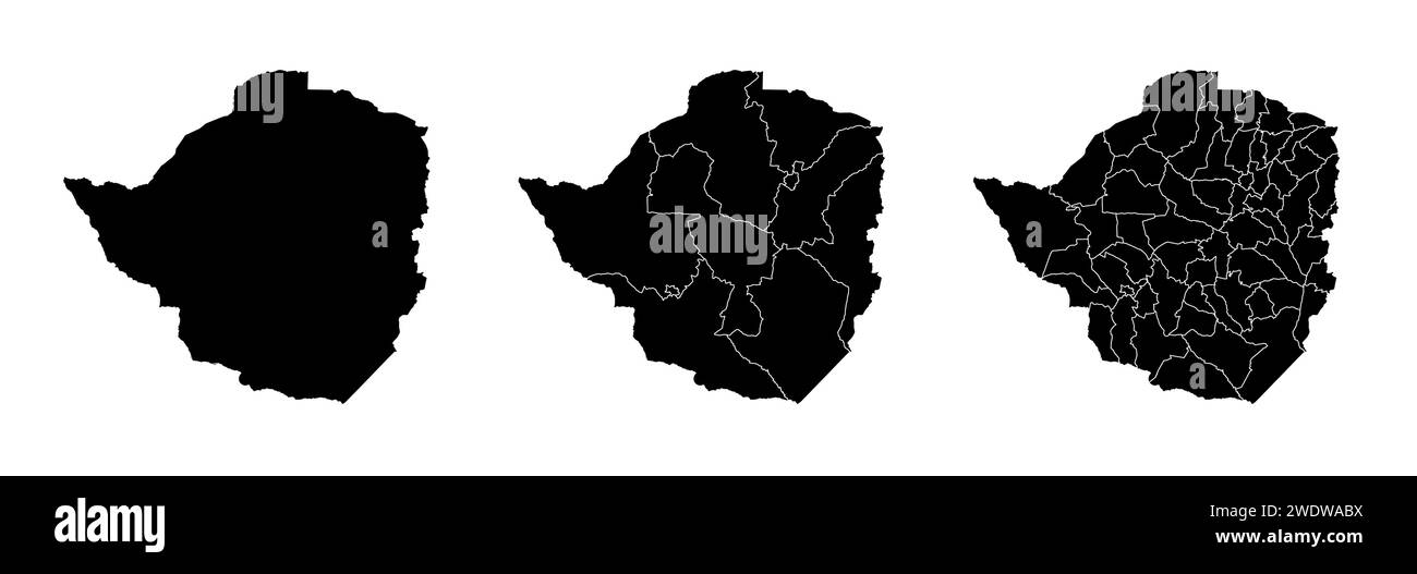 Insieme di mappe di stato dello Zimbabwe con la divisione delle regioni e dei comuni. Confini del reparto, mappe vettoriali isolate su sfondo bianco. Illustrazione Vettoriale