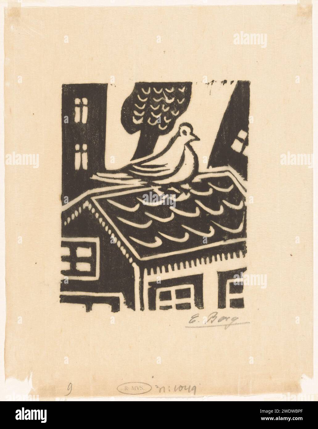 Pigeon sul tetto, Else Berg, c. 1912 - in o prima del 1931 stampare un piccione relativamente grande su un tetto; stilizzato. Carta giapponese (carta fatta a mano). stampa di colombe d'inchiostro, piccioni Foto Stock