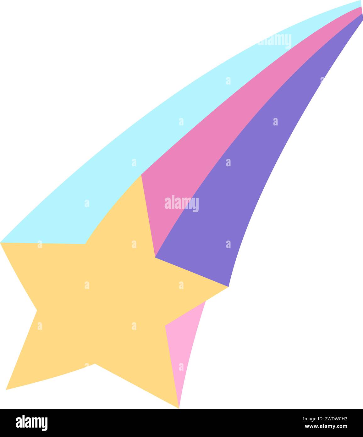 Cometa vettoriale con coda colorata arcobaleno. Illustrazione di stelle cadenti. Concetto di tesori unicorno. Decorazione magica o fiabesca per carte isolate Illustrazione Vettoriale