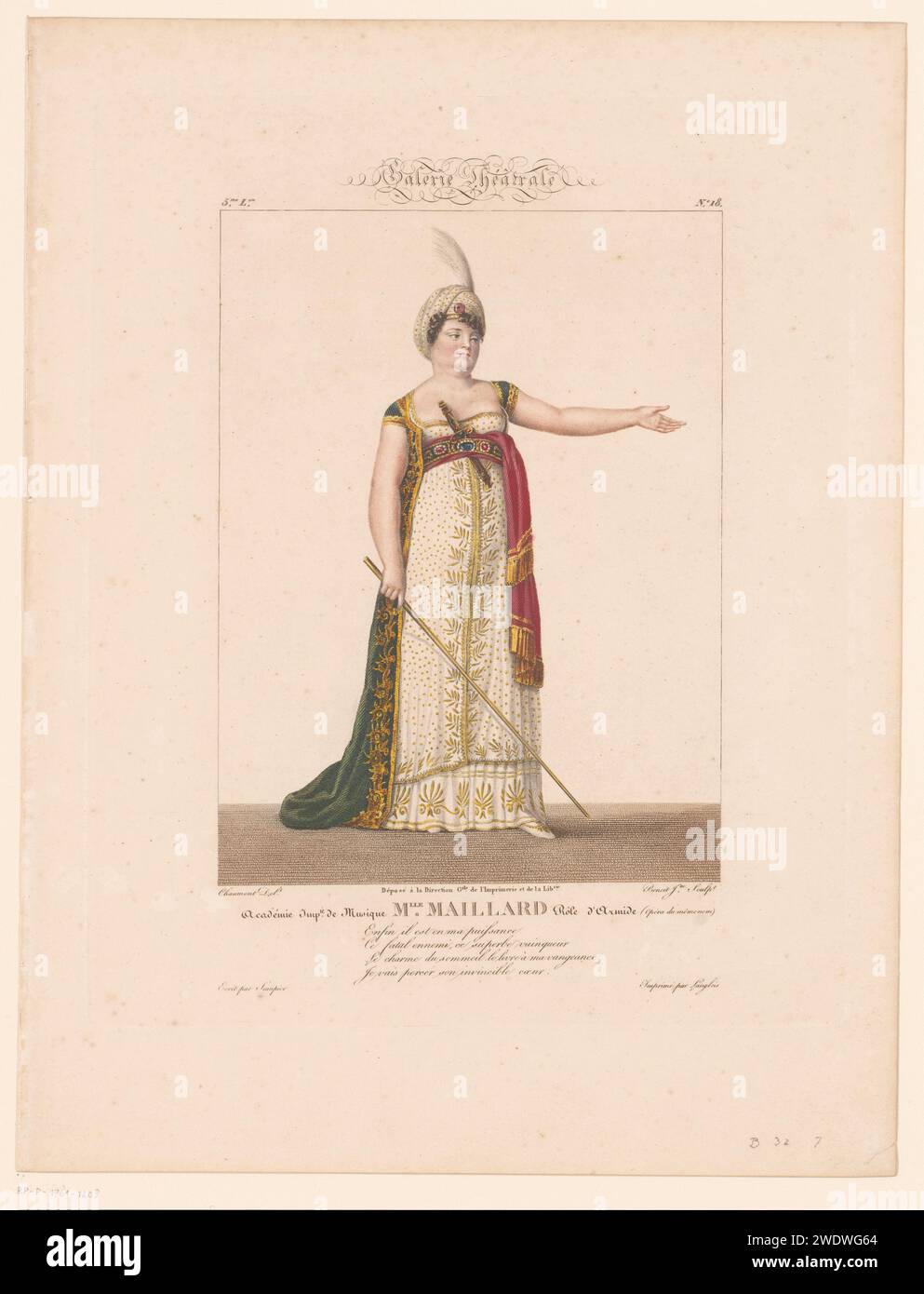 Ritratto di Marie-Thérèse Davoux nel ruolo di Armide, J.L. Benoist (II), dopo Chaumont, 1815 - 1845 stampa numerata al numero in alto a destra. 18) France paper etching Historical Persons. cantante d'opera (donna) Foto Stock