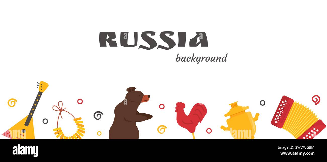 Banner con attributi nazionali russi isolato su sfondo bianco. Sfondo russo con simboli tipici dell'URSS - balalaika, fisarmonica, orso, bublik Illustrazione Vettoriale