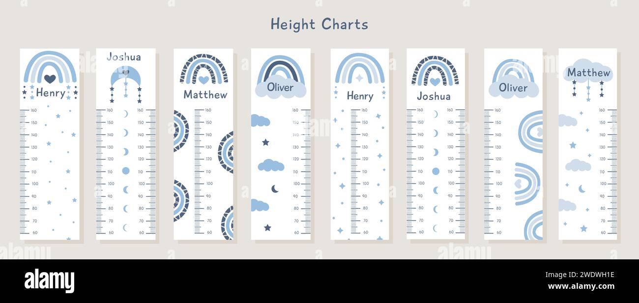 Set Big Vector di diagrammi di altezza per bambini con arcobaleni boho astratti e nuvole in colori blu pastello. Metro a parete con design alla moda. Il carattere di crescita dei bambini Illustrazione Vettoriale