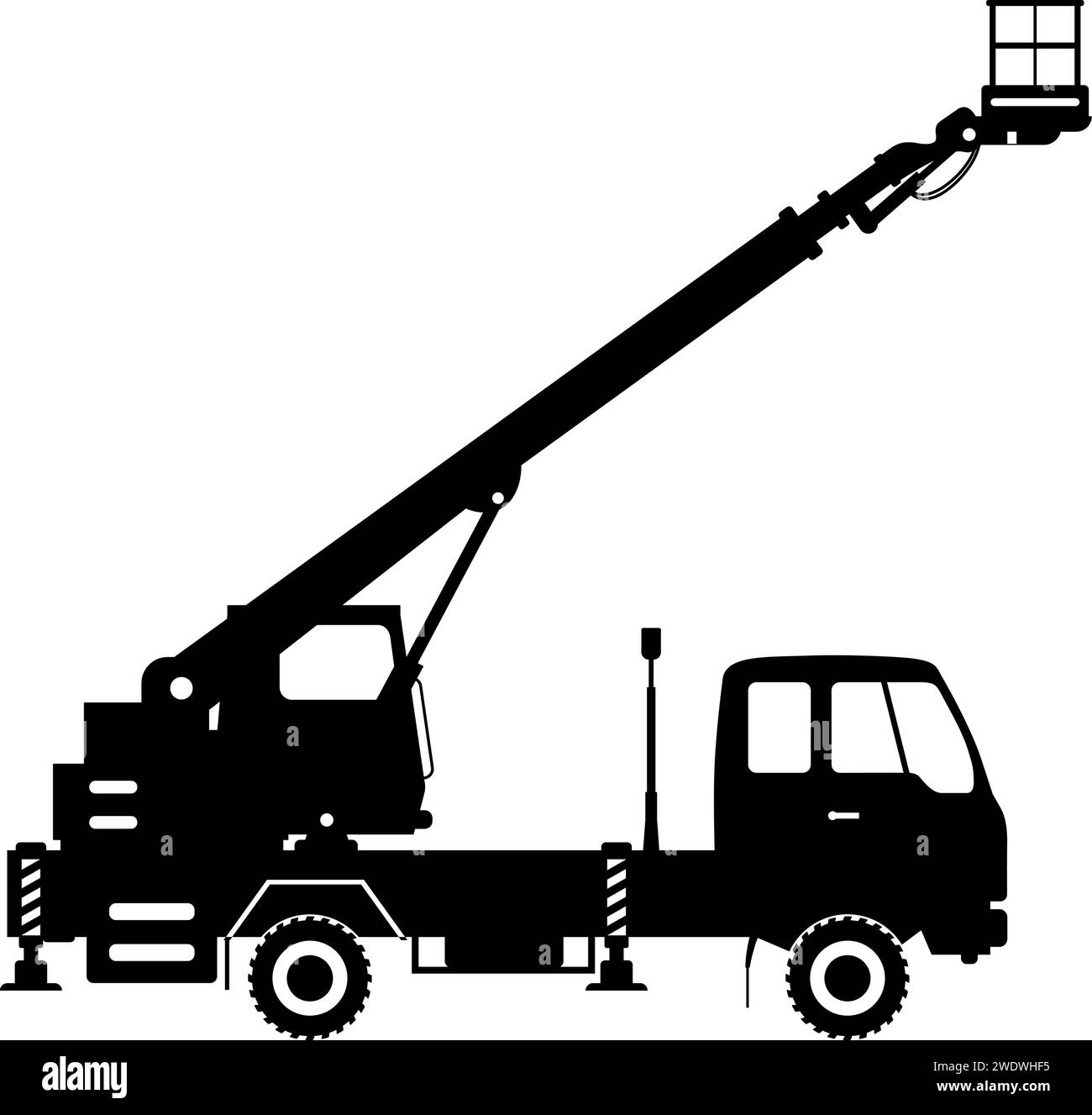 Silhouette dell'icona del dumper a benna con piattaforma di lavoro aerea in stile piatto. Illustrazione Vettoriale