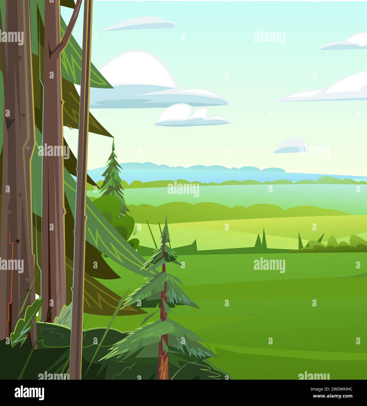 Bordo della foresta di conifere. Alberi estivi. Paesaggio paesaggio. Divertente stile cartoni animati. Vettore Illustrazione Vettoriale