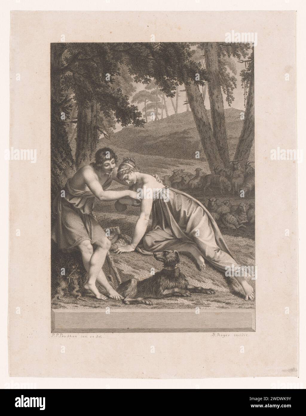 Daphnis ottiene un cricket dall'abito di Chloë, Barthélémy Joseph Fulcran Roger, dopo Pierre Prud'hon, nel 1800 stampa di Parigi il giornale di incisione Daphnis (nella mitologia greca un pastore che inventò la poesia pastorale. Chloe Foto Stock