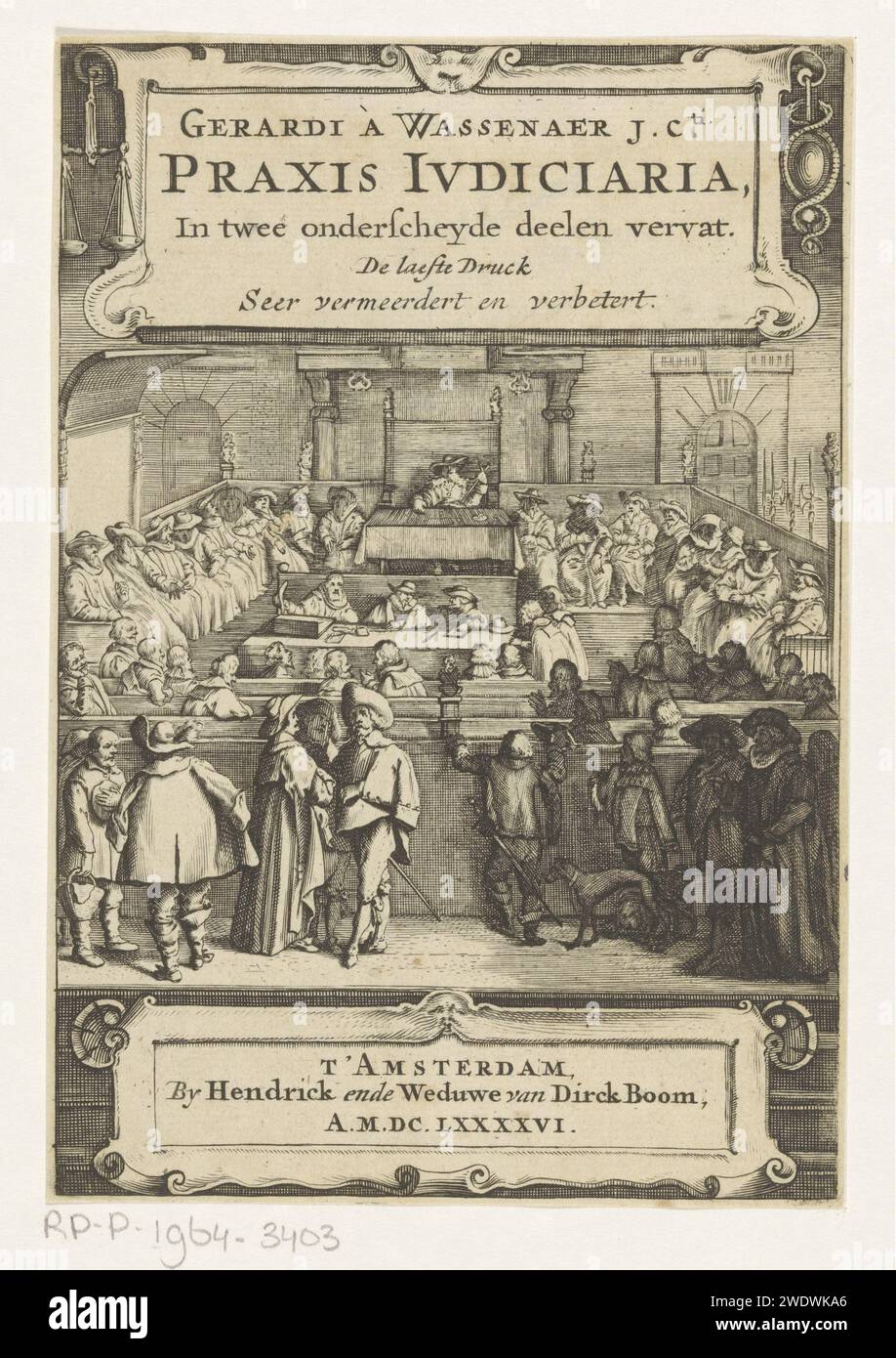 Faccia in un'aula di tribunale, Anonimo, dopo Adriaen Pietersz van de Venne, 1696 faccia stampata in un'aula di tribunale con la destra al centro della destra, seduta a un tavolo. Per il giudice un tavolo con uno scrittore e altri signori. Le panchine, sotto forma di carré, sono piene di signori parlanti. In primo piano alcune figure in piedi. Amsterdam carta incisione legge e giurisprudenza (+ tribunale) Foto Stock