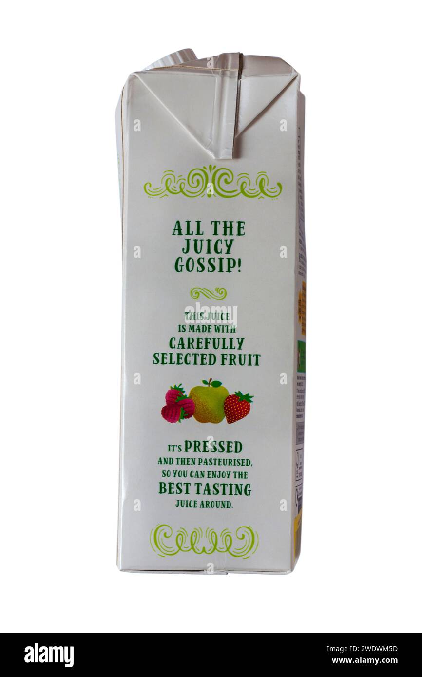 Informazioni sul cartone di succo di fragola di mele e lampone di M&S isolato su sfondo bianco Foto Stock